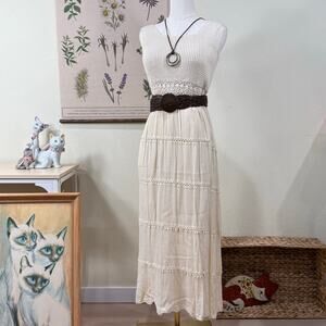 90s Y2k Crochet Crepe Dress Cottage Prairie Coastal Grandma Cowgirl Beachy 4P